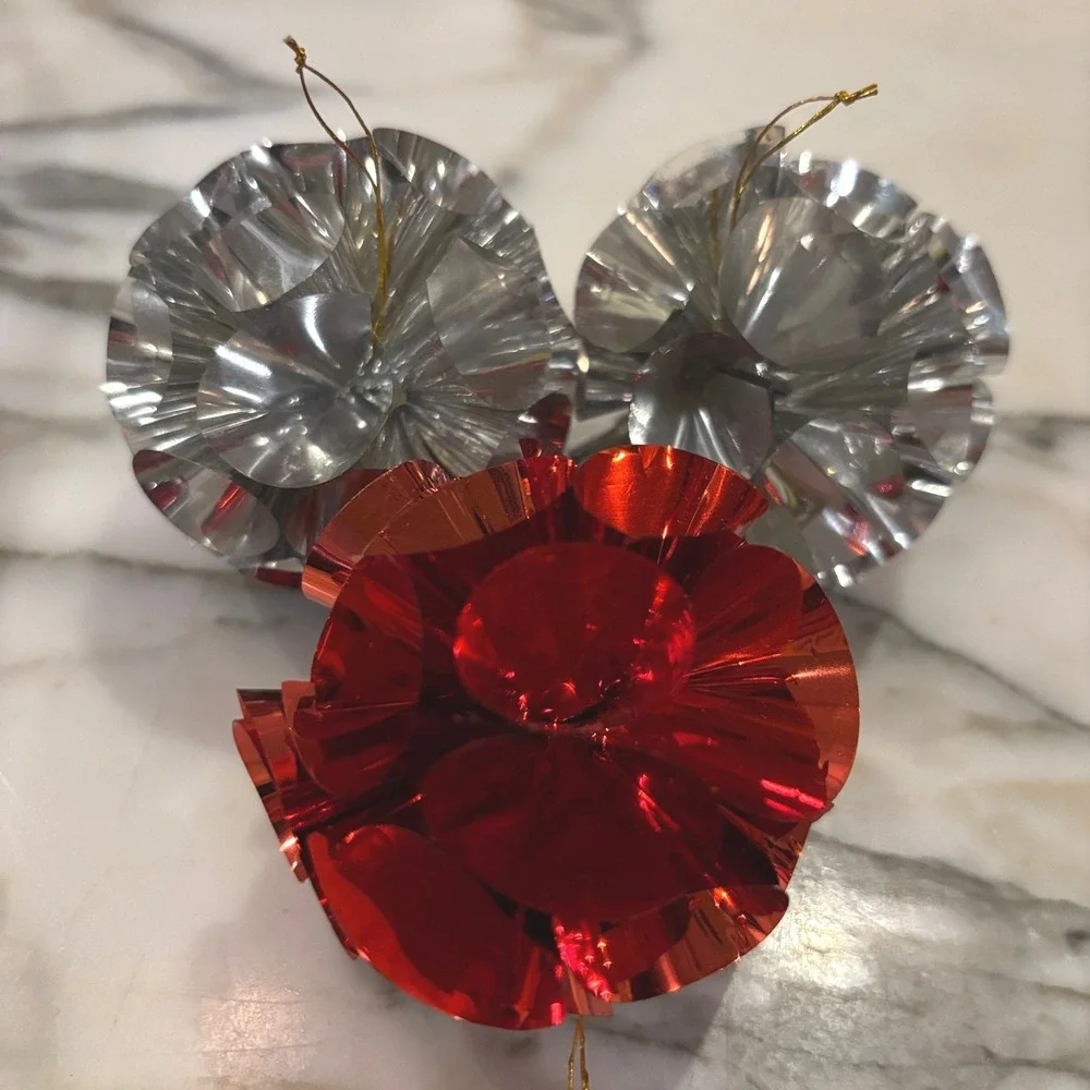 Vintage Tinsel Foil Pom Pom Ornaments Red Silver 3pc Retro